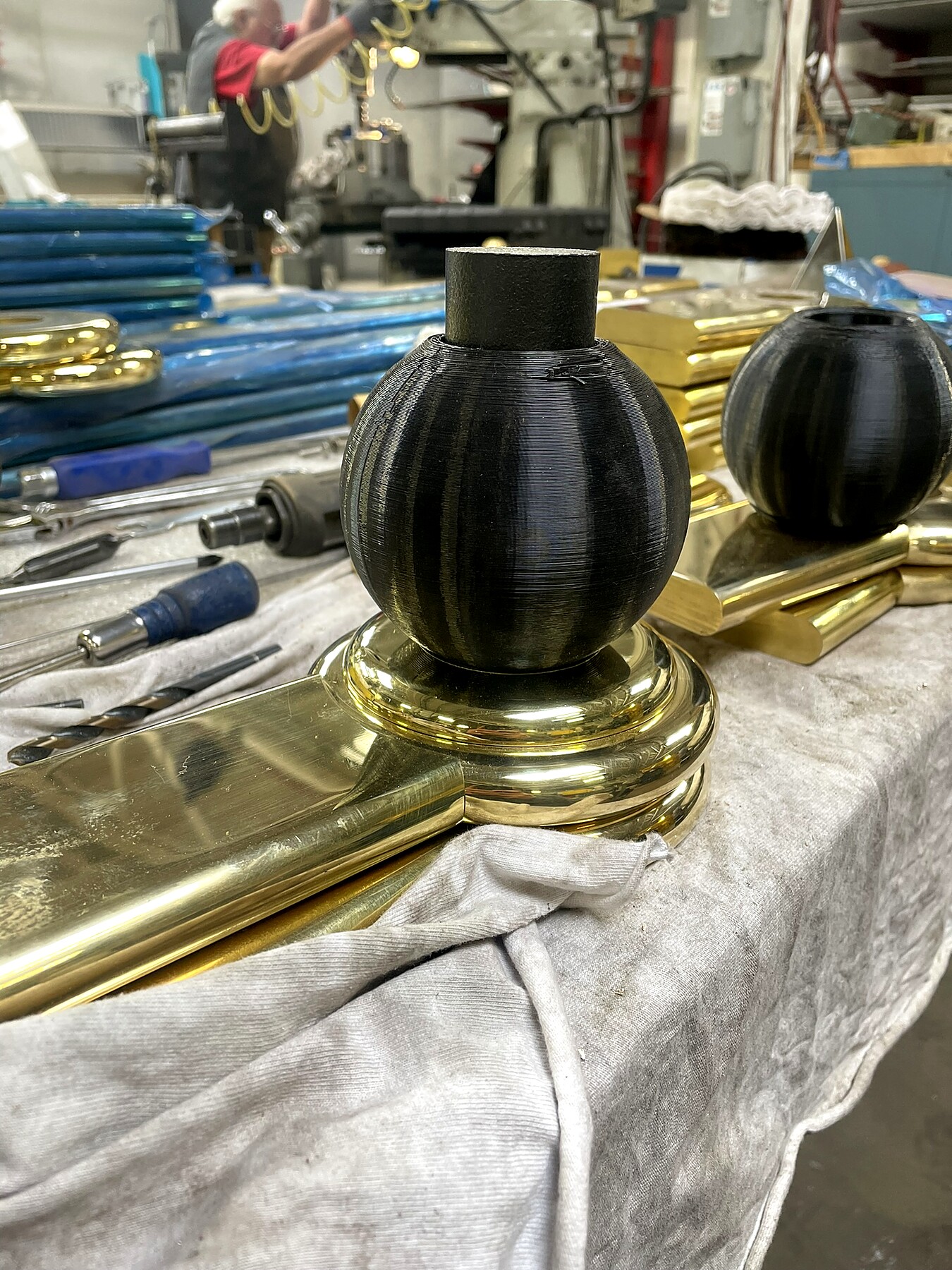 Brass handrail finial prototype mockup, shop fabrication